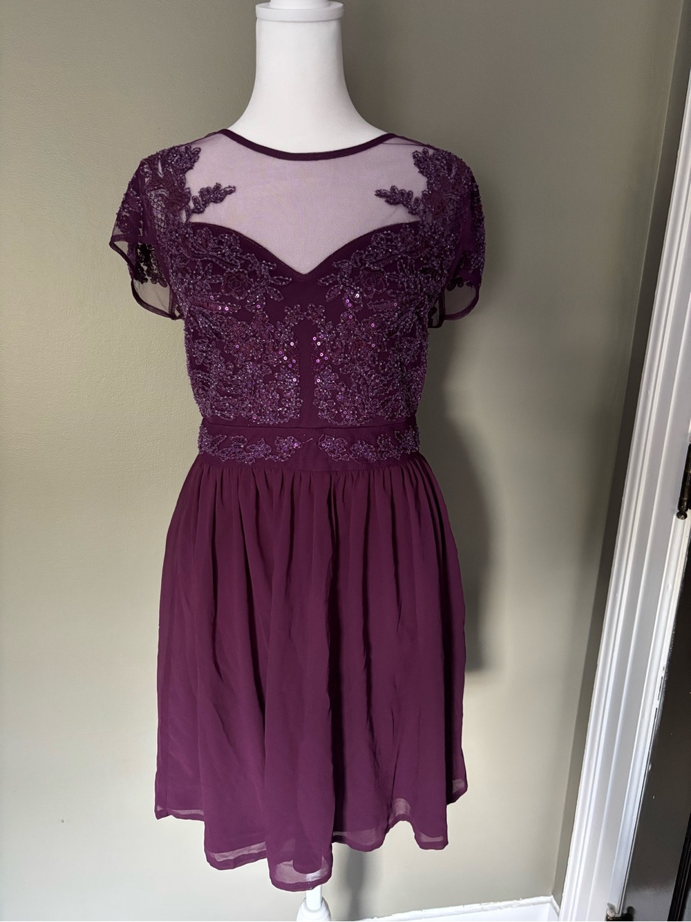Francesca's Plum Embellished Mesh Bodice Dress